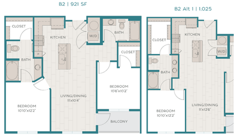 Floor plan for 2 beds, 2 baths, 1025 sqft